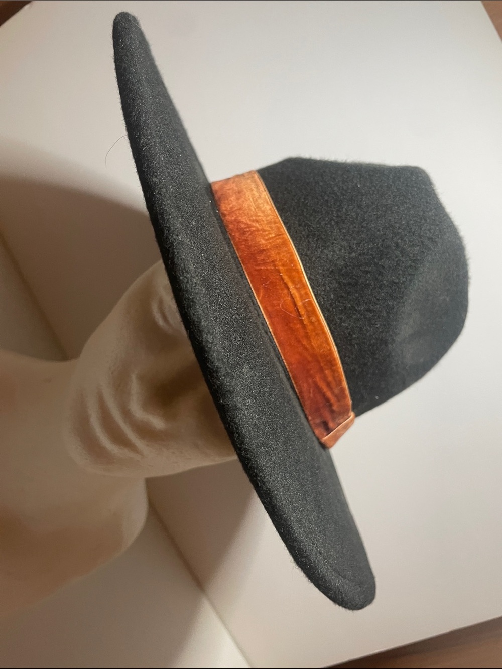Black Felt Wide-Brim Hat with Brown Leather Band